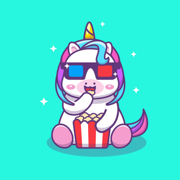 Cute kawaii unicorn watching movies and eating popcorn cartoon illustration