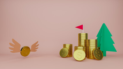 Gold dollar coins stack with bird coin, tree, red flag on top to the success and pink pastel background - 3d rendering