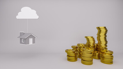 Gold dollar coins stack and small house floating with cloud to success, white color background - 3d rendering