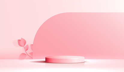 Cosmetic pink background and premium podium display for product presentation branding and packaging. studio stage with cloud and leaf on background. vector design