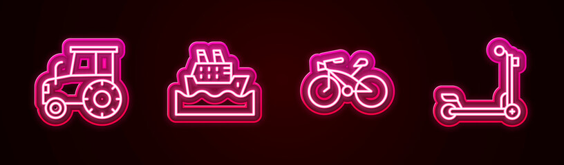 Set line Tractor, Cruise ship, Bicycle and Scooter. Glowing neon icon. Vector