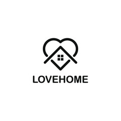 Love shape with roof top house design for home logo