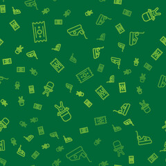 Set line Ticket, Magician hat and rabbit and Bumper car on seamless pattern. Vector