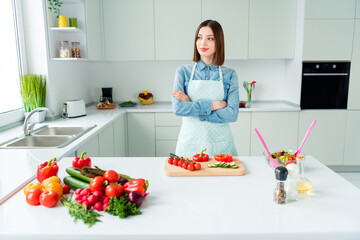 Photo portrait woman in apron cooking delicious dish in kitchen