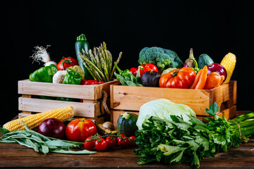 Boxes full of different types of healthy organic vegetables for a vegan diet