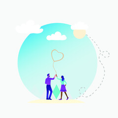 Vector illustration of a couple with pink heart in hand. Love concept, Valentine's day background. Vector illustration. Wallpaper, invitation, posters.