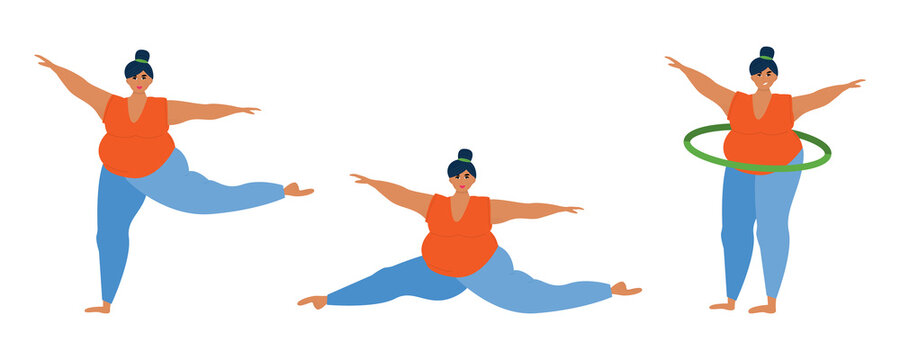 big girl is doing stretching. set of 3 images. Keeps balance, sits on twine, twists hoop. Template for blogging and advertising. Cute cartoon character. Vector illustration, flat