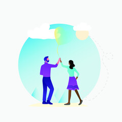 Vector illustration of a couple with pink heart in hand. Love concept, Valentine's day background. Vector illustration. Wallpaper, invitation, posters.