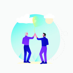 Vector illustration of a gay couple with pink heart in hand. Love concept, Valentine's day background. Vector illustration. Wallpaper, invitation, posters.