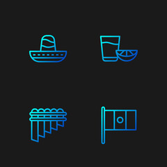 Set line Mexico flag, Pan flute, Mexican sombrero and Tequila glass with lemon. Gradient color icons. Vector