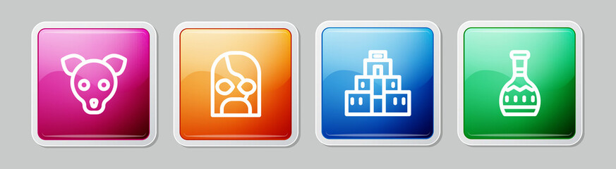 Set line Dog, Mexican wrestler, Chichen Itza in Mayan and Tequila bottle. Colorful square button. Vector