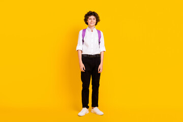 Fototapeta na wymiar Full length photo of cute little brunet boy stand wear bag uniform shoes isolated on yellow background