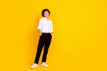 Fototapeta na wymiar Photo of attractive pretty school boy wear white shirt smiling arms pockets looking empty space isolated yellow color background