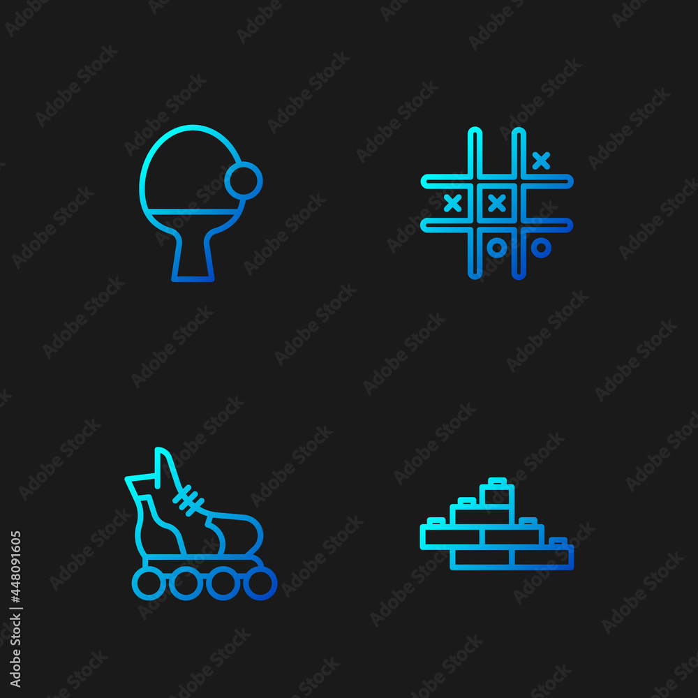 Poster set line toy building block bricks, roller skate, racket and ball and tic tac toe game. gradient col