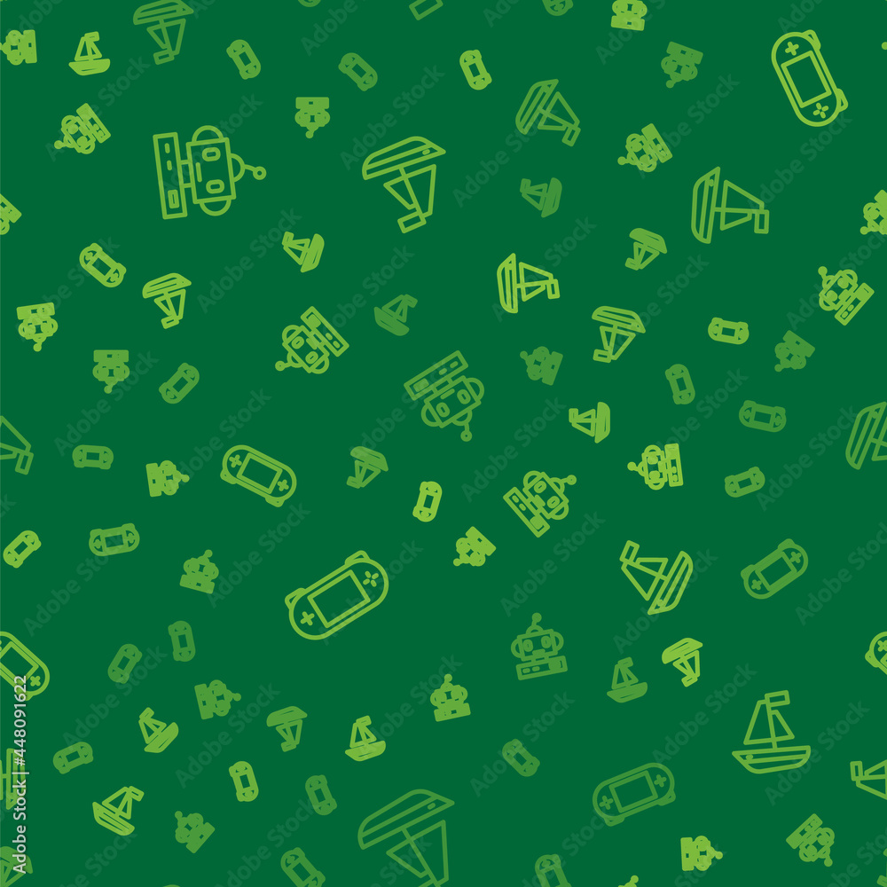 Poster set line robot toy, portable video game console and toy boat on seamless pattern. vector
