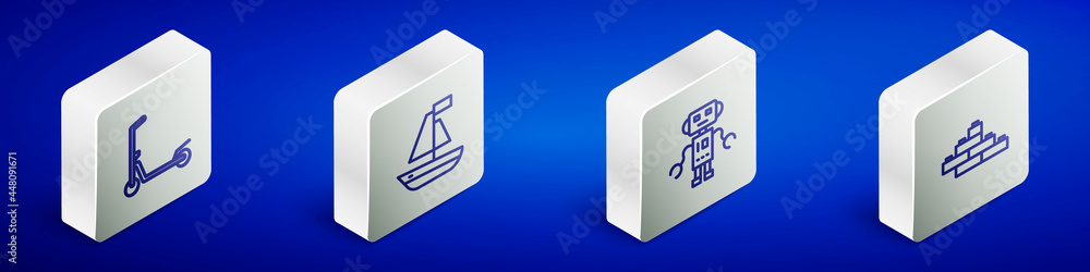 Poster set isometric line scooter, toy boat, robot toy and building block bricks icon. vector