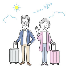 ベクターイラスト素材：旅行へ出かけるシニア、老夫婦
