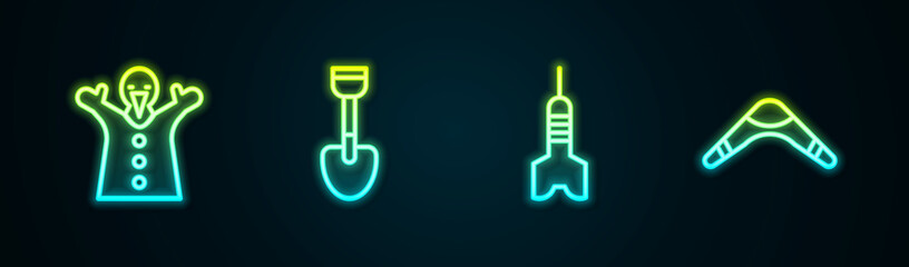 Set line Toy puppet doll on hand, Shovel toy, Dart arrow and Boomerang. Glowing neon icon. Vector