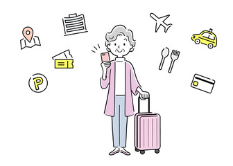 ベクターイラスト素材：旅行先でスマホのアプリを活用するシニア女性
