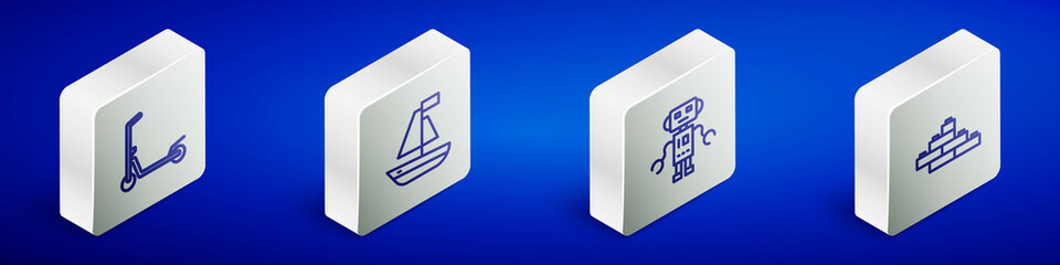 Set Isometric line Scooter, Toy boat, Robot toy and building block bricks icon. Vector