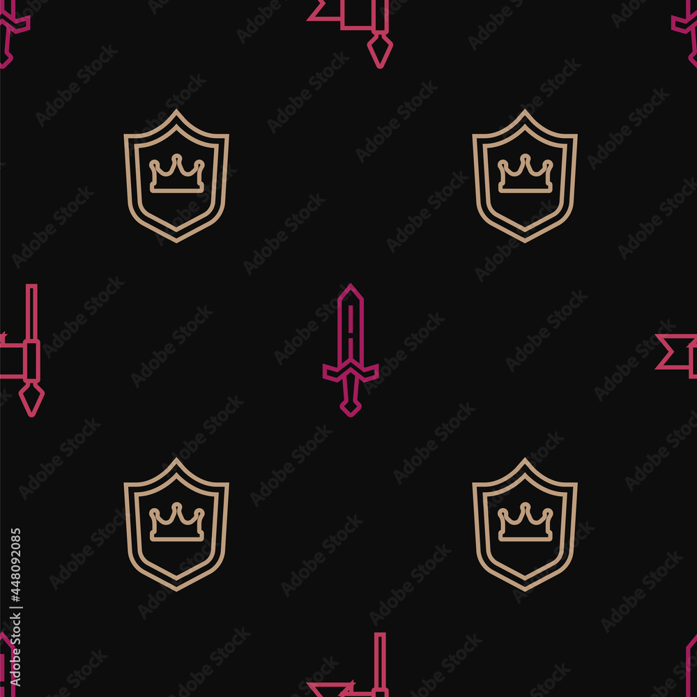 Poster set line medieval spear, shield with crown and sword on seamless pattern. vector