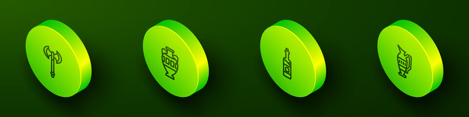 Set Isometric line Medieval axe, Ancient amphorae, Bottle of wine and icon. Vector