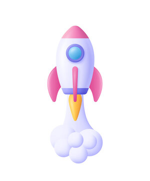 3d cartoon style minimal spaceship rocket icon. Toy rocket upswing ,spewing smoke. Startup, space, business concept.