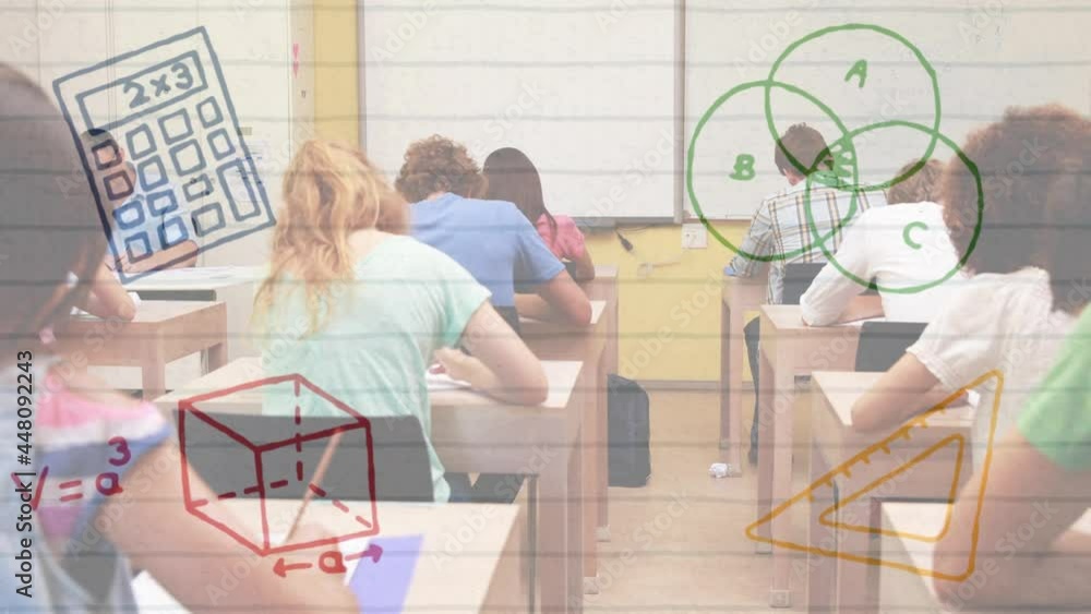 Poster multiple mathematical concept icons against group of college students studying in class at college