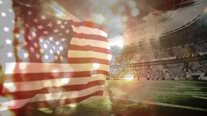 Digital composition of american waving flag over autumn leaves falling against sports stadium - Powered by Adobe