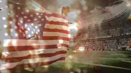 Digital composition of american waving flag over autumn leaves falling against sports stadium - Powered by Adobe
