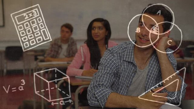 Multiple mathematical concept icons over group of college students studying in the class at college