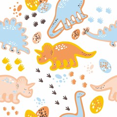 Vector cute dinosaurs seamless pattern. Dinosaur eggs and footprints childish repeating pattern. Design for printing on children's clothing, textiles, wallpaper, paper, packaging. 