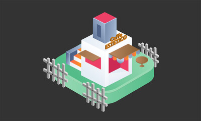 Obraz premium Isometric aesthetic cafe with 3d green podium, sale concept design background, vector illustration