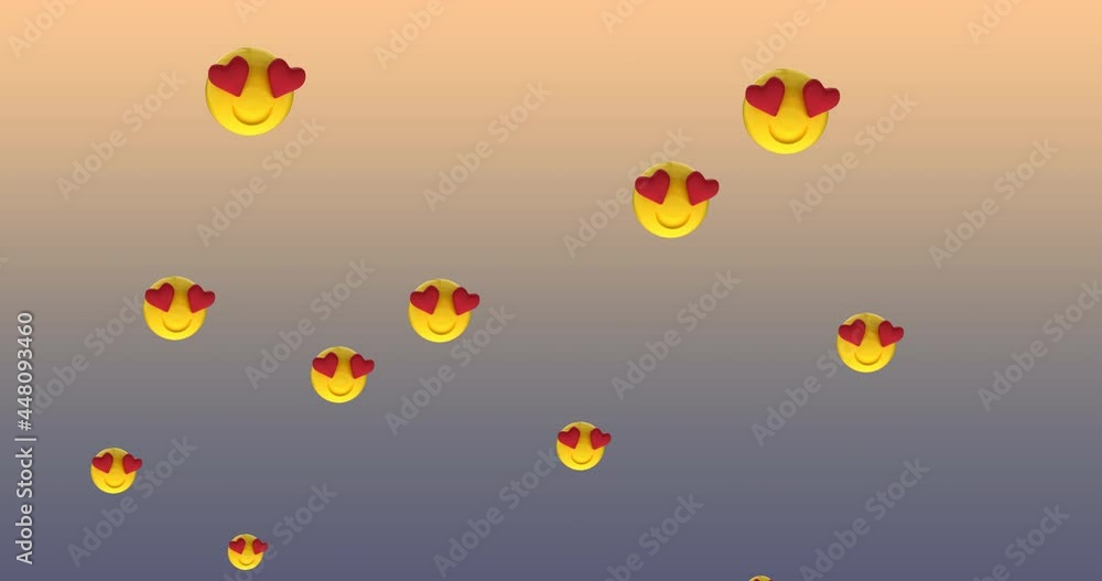 Poster digital animation of multiple heart eyes face emojis floating against gradient background