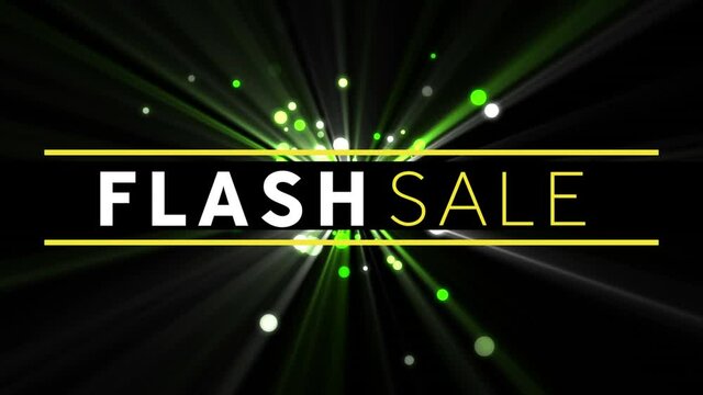 Digital animation of flash sale text banner against green spots of light on black background