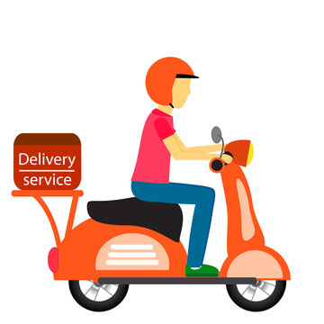 Food delivery man on a scooter. Vector illustration.