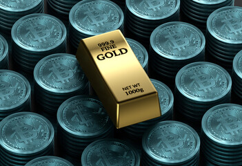 a gold bar is placed on a pile of bitcoins. 3d render
