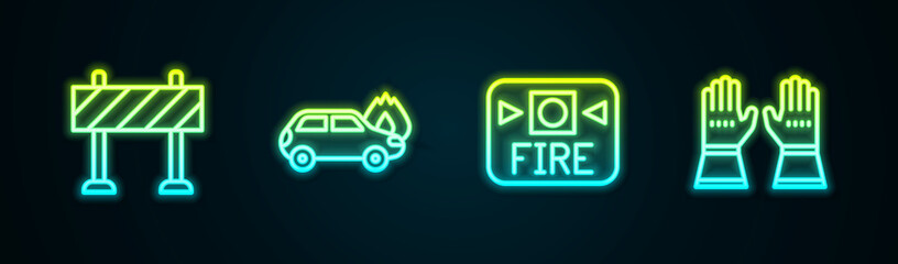Set line Road barrier, Burning car, Fire alarm system and Firefighter gloves. Glowing neon icon. Vector