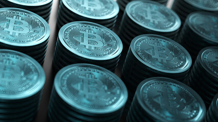 stacks of blue bitcoins. Placed on table. 3d render