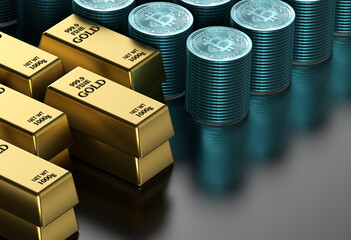 a bunch of gold bars and a bunch of bitcoins. Placed on table. 3d render