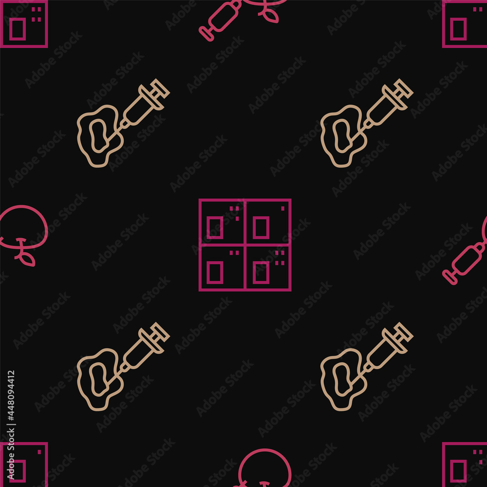 Poster set line genetically modified apple, syringe and periodic table on seamless pattern. vector