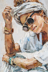 .Stylish girl in black glasses on a white background. Oil painting on canvas.