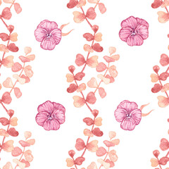 Watercolor pattern with eucalyptus and pansy