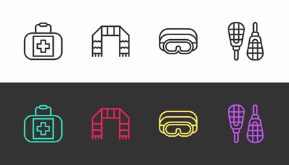 Set line First aid kit, Winter scarf, Ski goggles and Snowshoes on black and white. Vector