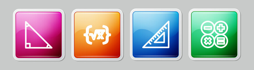 Set line Triangle math, Square root of x glyph, Triangular ruler and Calculator. Colorful square button. Vector