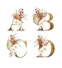 Watercolor illustration boho flowers alphabet letter A, B, C, D. Isolated on white background. Hand drawn clipart. Perfect for card, postcard, tags, invitation, printing.