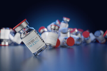 Close up of Coronavirus Covid-19 Vaccine empty bottles with lots on shiny tables and blue background, vigilance concept of all races immunizing against dangerous germs with copy space. 3d rendering.