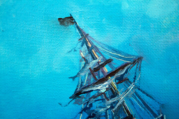Black pirate ship at sea painted on canvas with oil paints creative background for design
