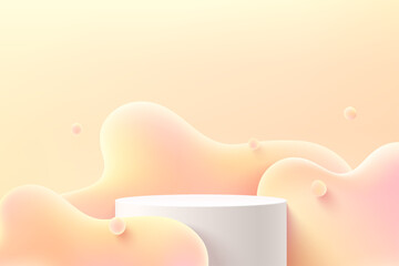 Abstract 3D white cylinder pedestal or stand podium with yellow, pink color fluid liquid backdrop. Pastel yellow minimal wall scene for product display presentation. Vector rendering platform design.