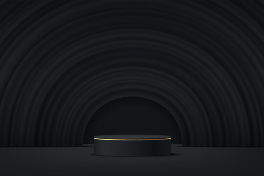 Abstract 3D Black And Gold Cylinder Pedestal Podium With Black Semi Circle Fabric Wave Texture Backround. Luxury Black Friday Sale Scene For Product Display Presentation. Vector Rendering Platform.